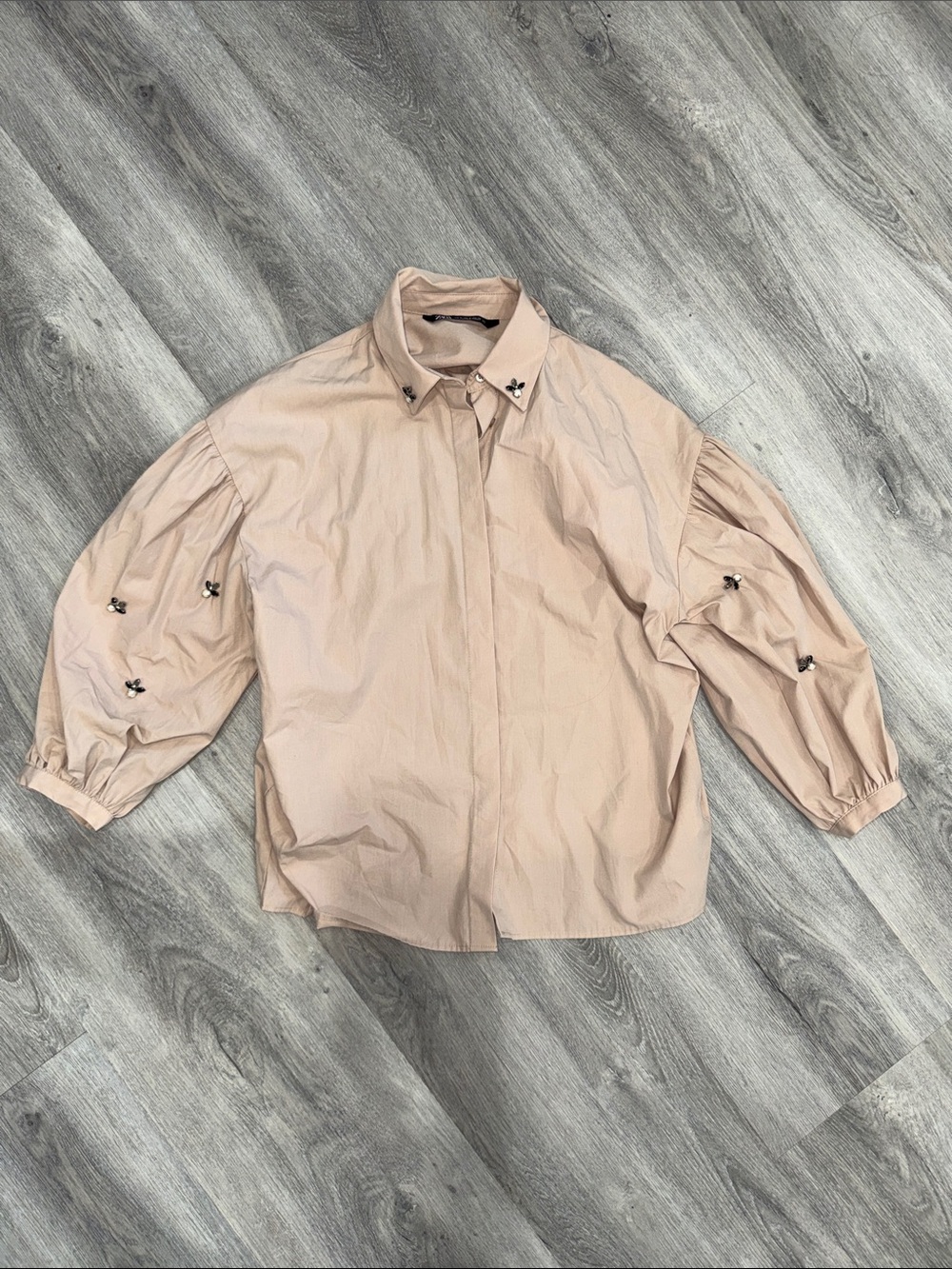 Zara Women’s Tan Puff-Sleeve Button-Up Blouse with Gems and Pearls Never Worn